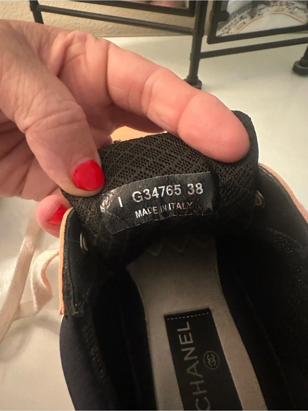 CHANEL Coral/Peach and White CC Logo Lace-Up Sneakers